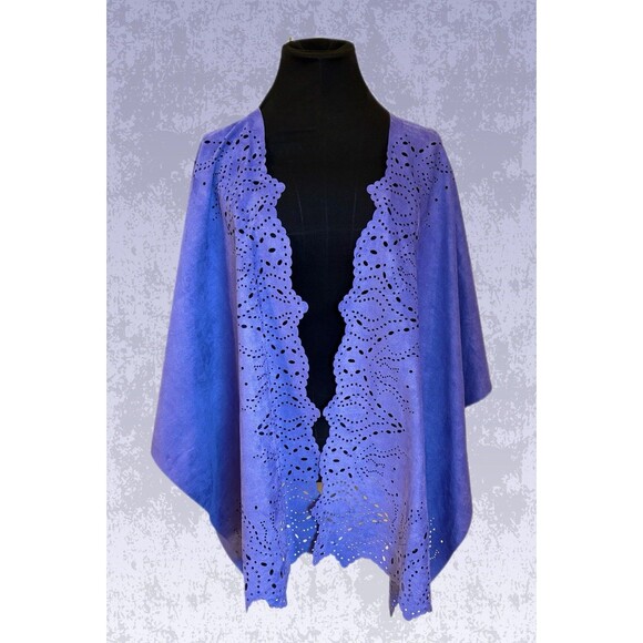 New Directions Faux Suede Ruana/Wrap Periwinkle Blue Intricate Cut-Out Design OS - Picture 5 of 5